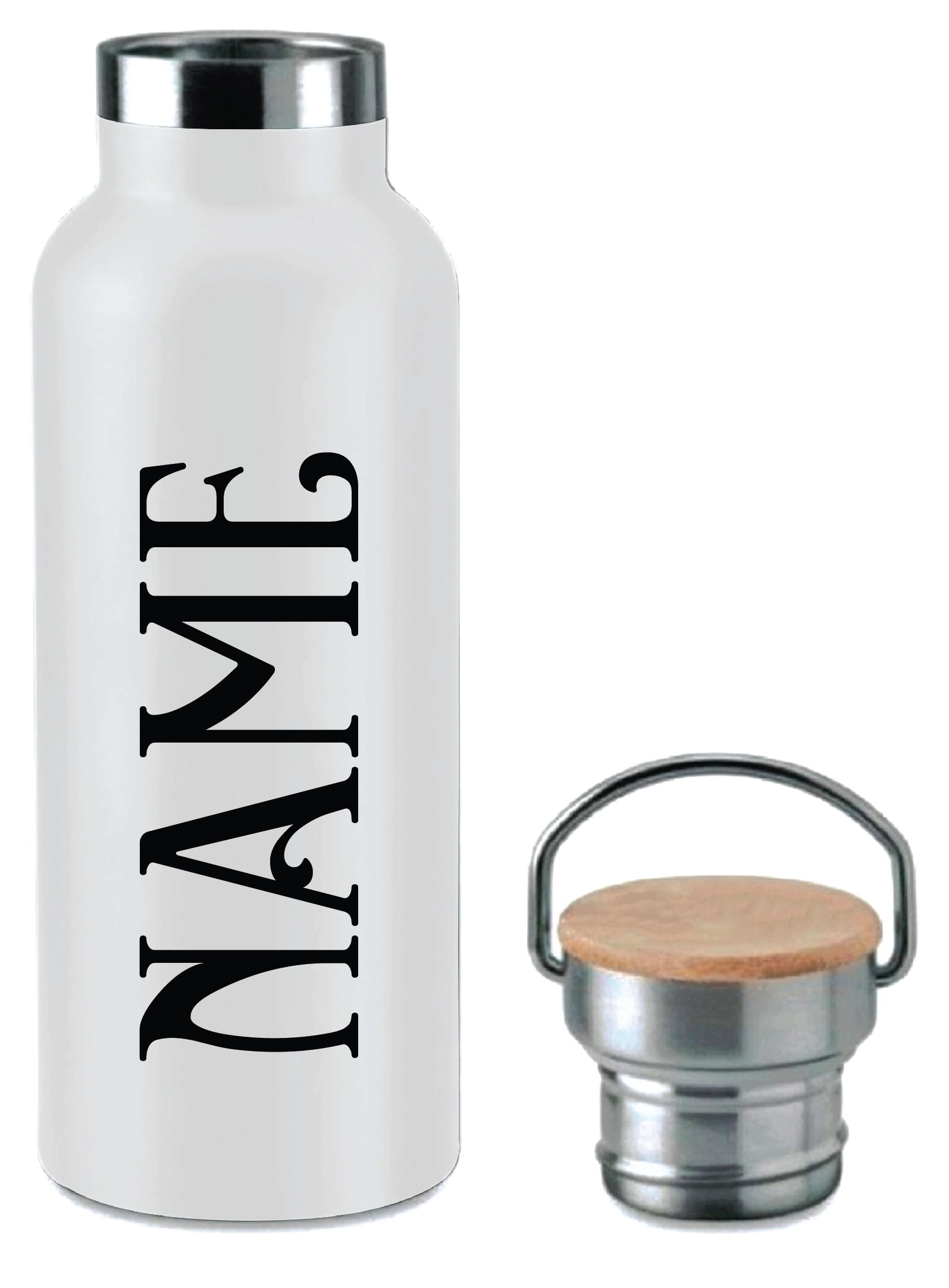 Personalised White Cork Water Bottle with Printed Name 